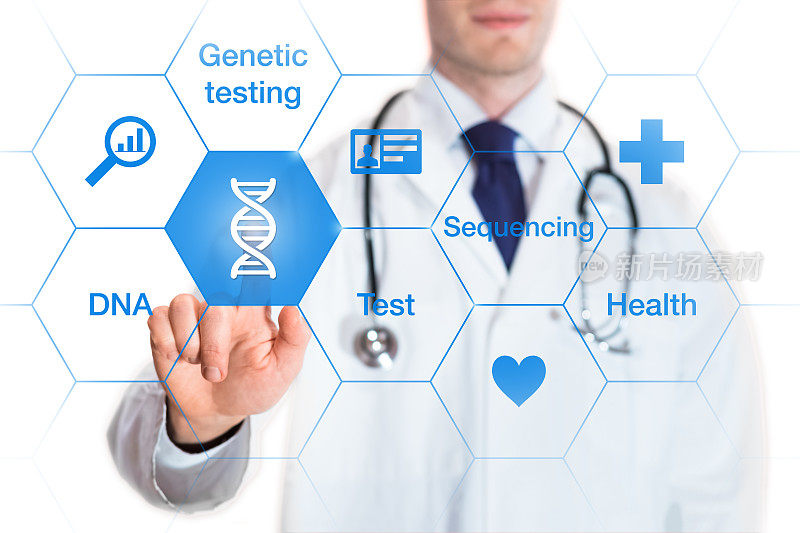 基因测试概念，DNA图标，医生，隔离在白色