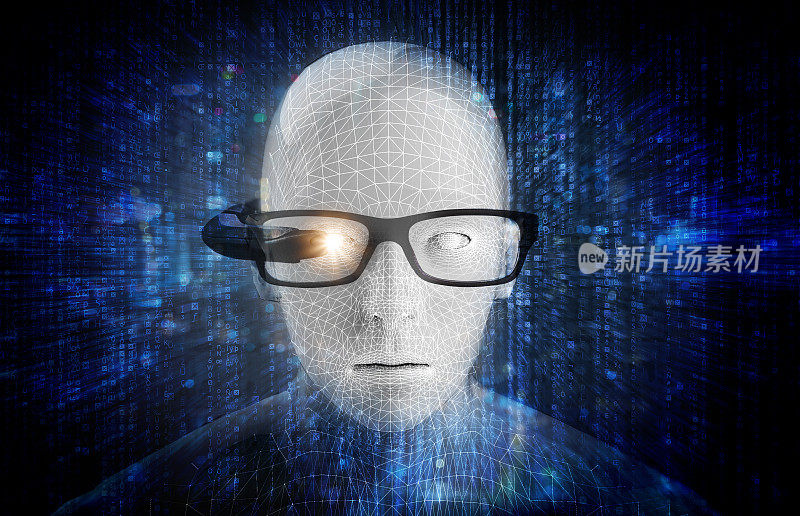 增强现实智能AR眼镜技术、精准人脸识别生物特征技术和人工智能4.0概念。戴着未来Ar眼镜的男人的3d渲染。
