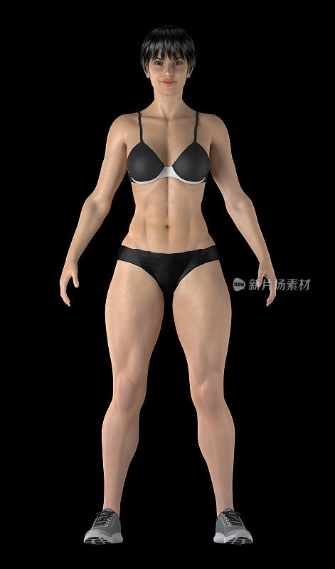 健身女性，站着，显示一个运动员的身体，在黑色的背景