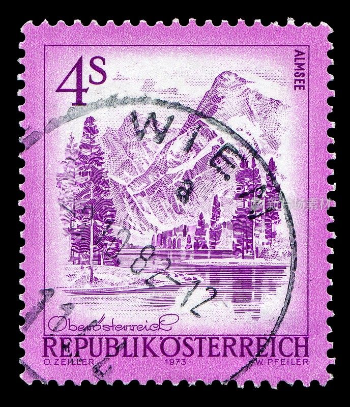 奥地利邮票:阿尔姆西湖风景，上奥地利，取自“奥地利风景”系列插图