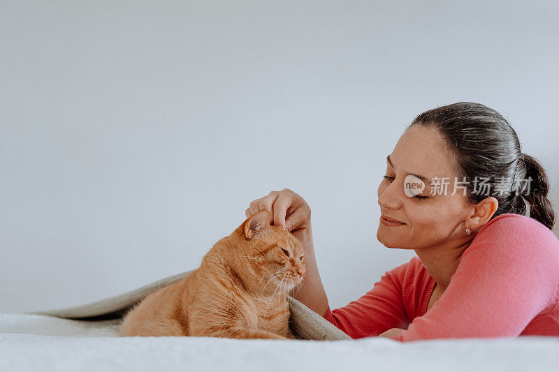 女人拥抱和玩猫