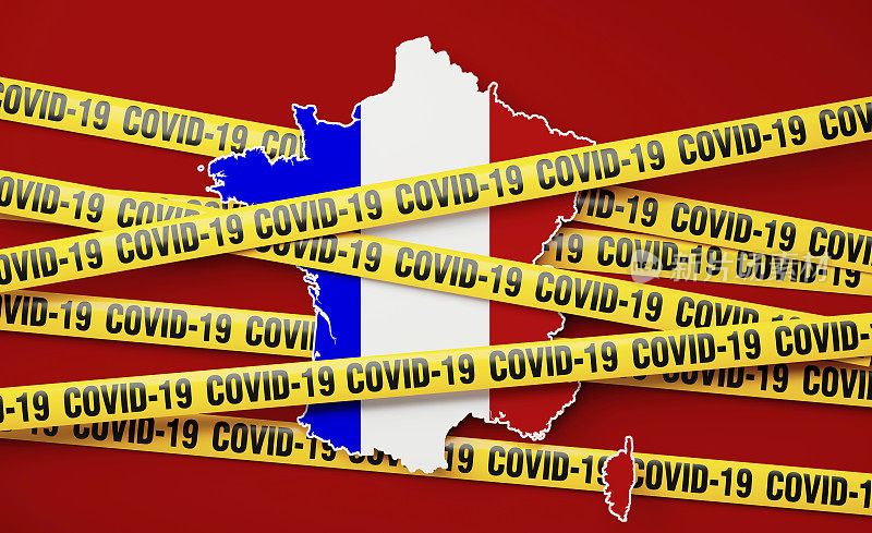 法国地图，红色背景上的COVID-19标记胶带屏障
