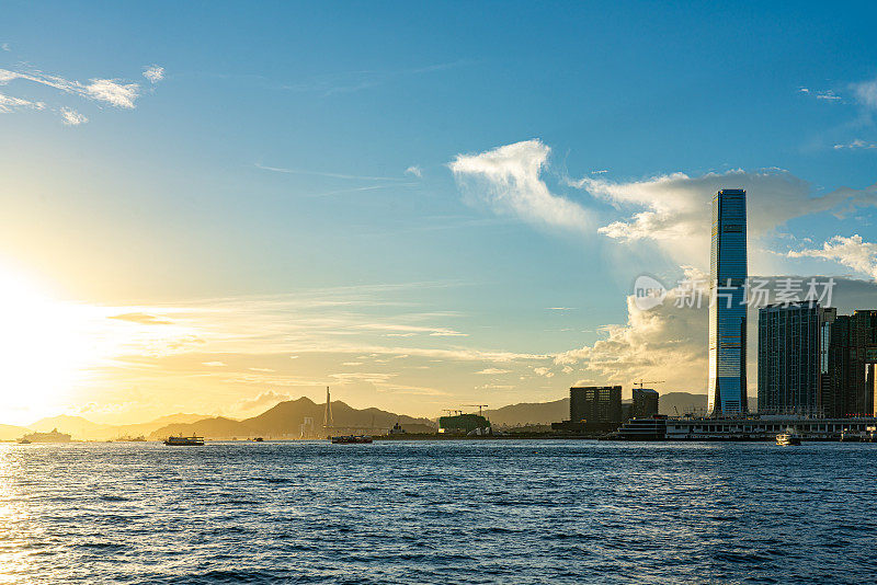 夕阳下的香港天际线