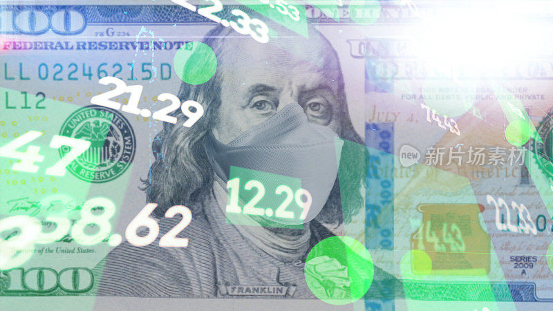 100美元的纸币，带着防毒面具在数字空间里。美国冠状病毒大流行的概念。