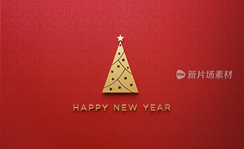 圣诞概念-红色背景上的金色圣诞树和新年祝福语