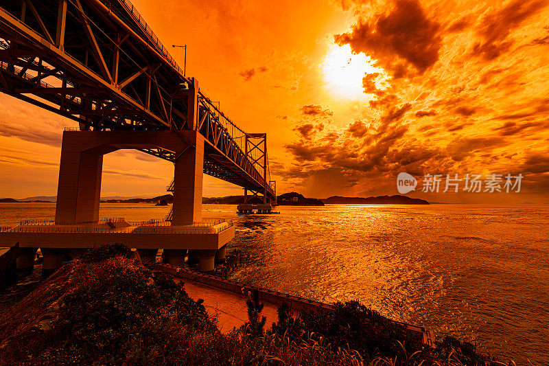 火影忍者海峡大桥的背景是夕阳下橘红色的天空