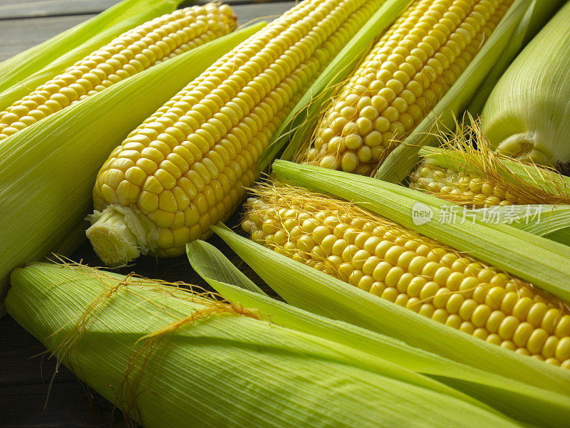 原始的玉米棒。甜玉米的收成。深色木桌上有带叶子和壳的玉米棒子。玉米穗和玉米粒。