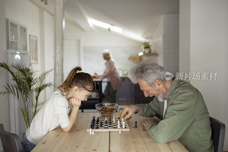 侧视图，一个白人小女孩在家里和她的祖父下棋