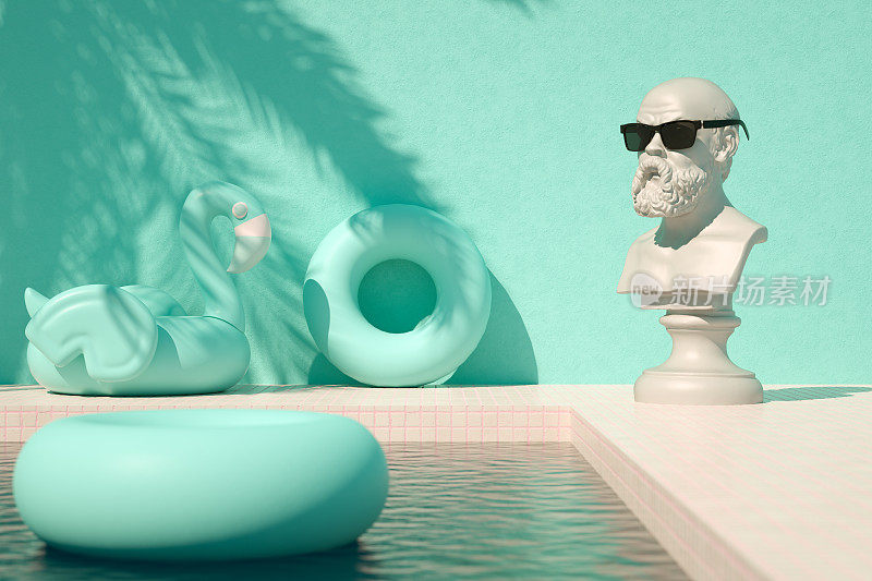 半身像雕塑带着太阳镜在游泳池度假旅游的背景棕榈树的阴影