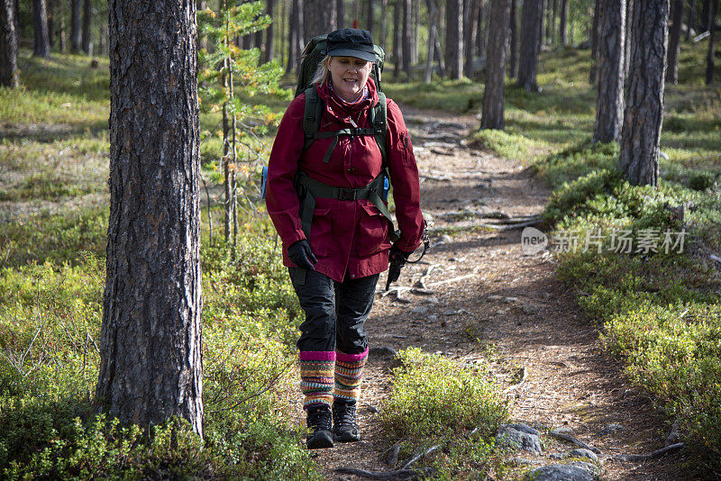 在芬兰的森林和山间小径徒步旅行的女子