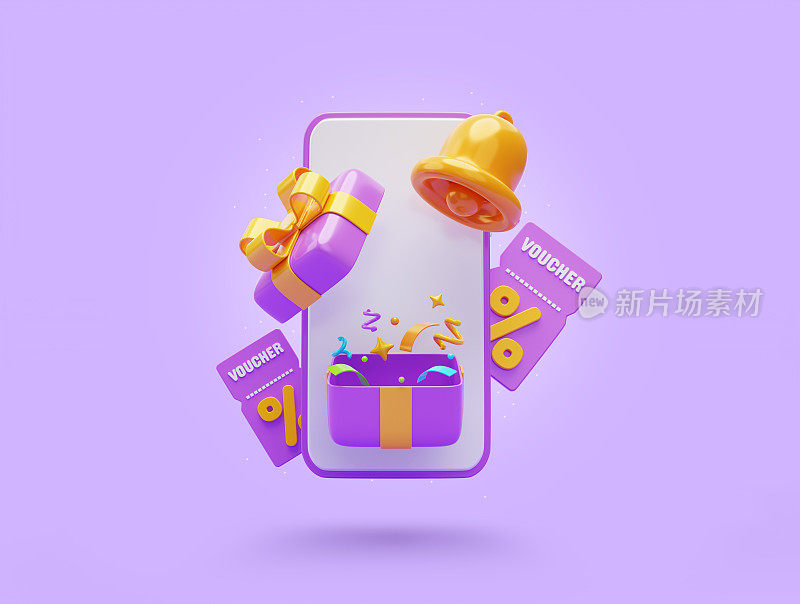 紫色智能手机与打开礼盒和折扣券或优惠券百分比促销横幅电商商业图标网上购物概念3D插图