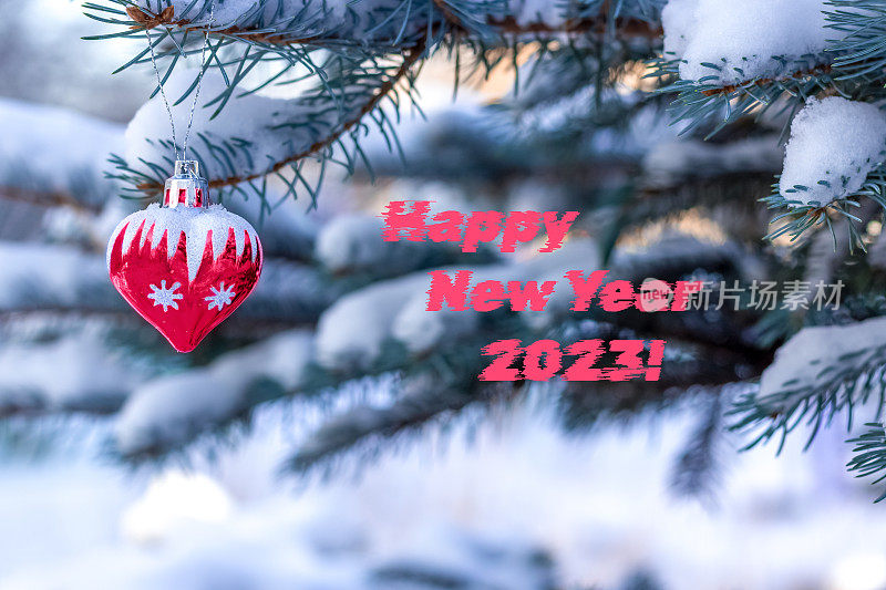 新年贺卡与装饰的心的趋势颜色生动的品红在活圣诞树在一个下雪的冬天的一天在街上。2023年新年快乐