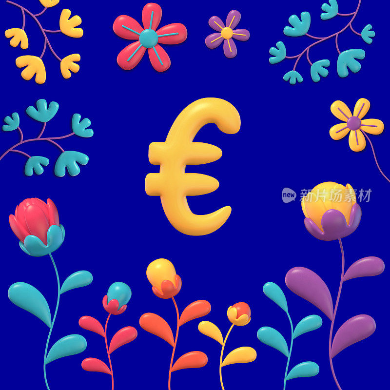 一套黄色3d数字和符号在多色背景与花卉和植物，3d渲染，欧元
