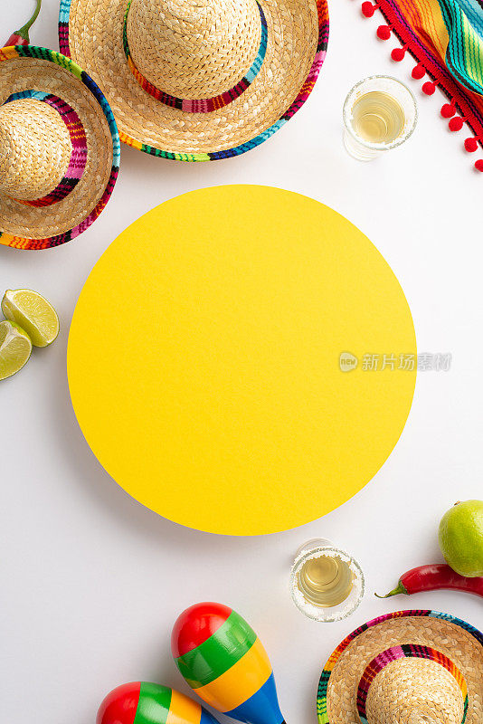这张五月五日节的平躺照片是展示你庆祝活动的完美方式，有彩色的宽边帽，雨披，在阳光黄色的背景和圆形的黄色框架上，有沙球龙舌兰酒