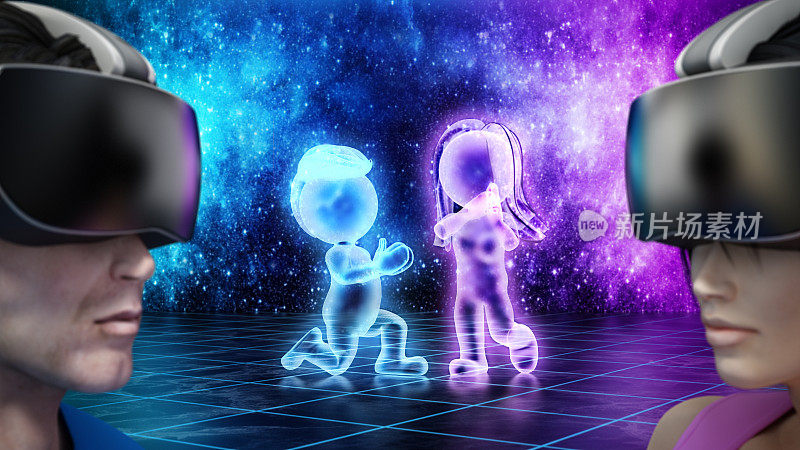 蓝色和紫色的全息化身站在CGI男人和女人之间使用虚拟现实耳机