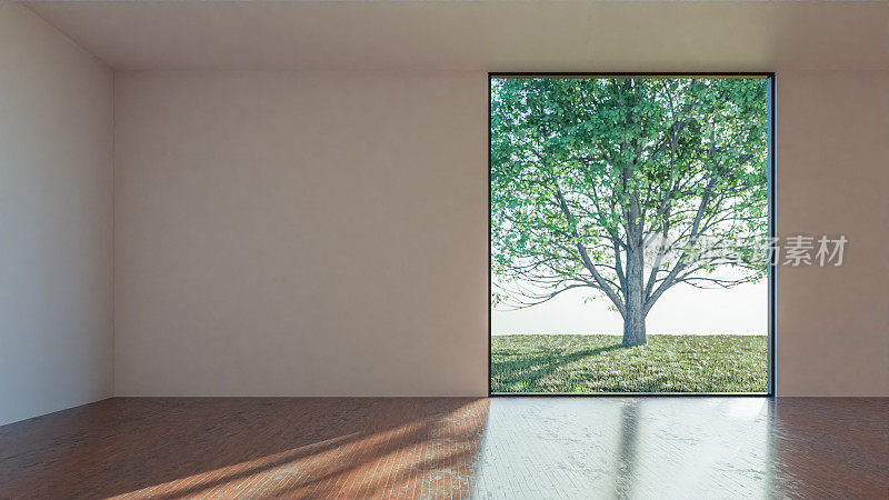 现代的阁楼空房间，敞开的门通往花园3d渲染房间有混凝土瓷砖地板