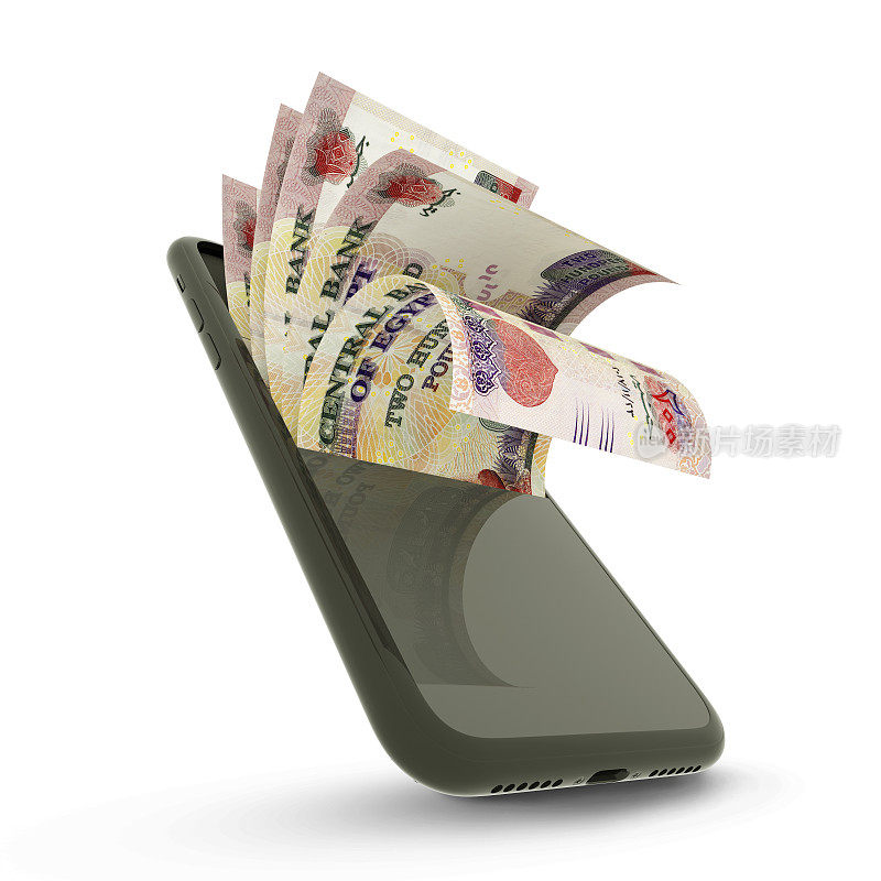 在白色背景下，手机内200张埃及镑钞票的3D渲染图