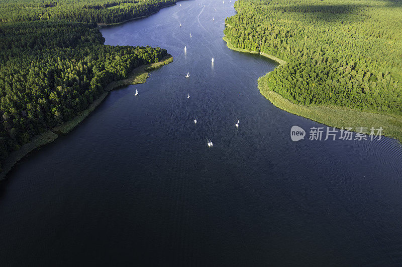 夏日美丽湖泊的全景鸟瞰图