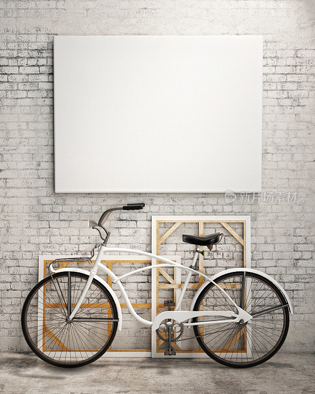 模拟海报在阁楼室内背景与自行车