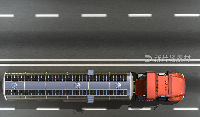 油罐车在道路俯视图的3D渲染