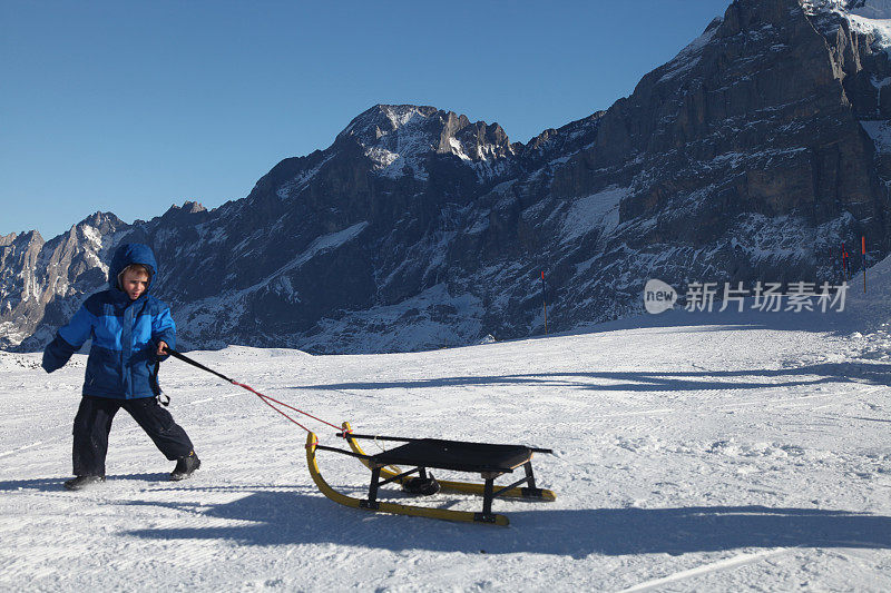 男孩玩雪橇冬季运动滑雪瑞士阿尔卑斯山