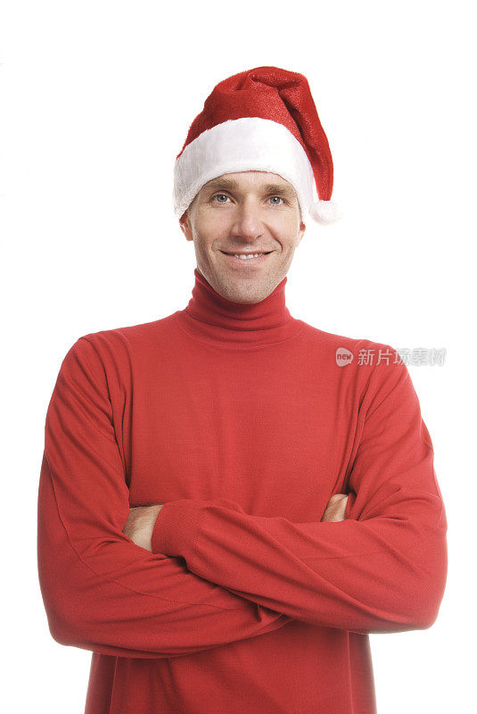 男人微笑在红色圣诞老人帽白色背景