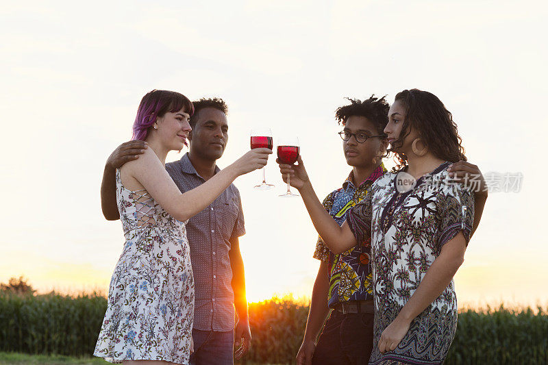 夏天，年轻人在户外喝着红酒庆祝节日