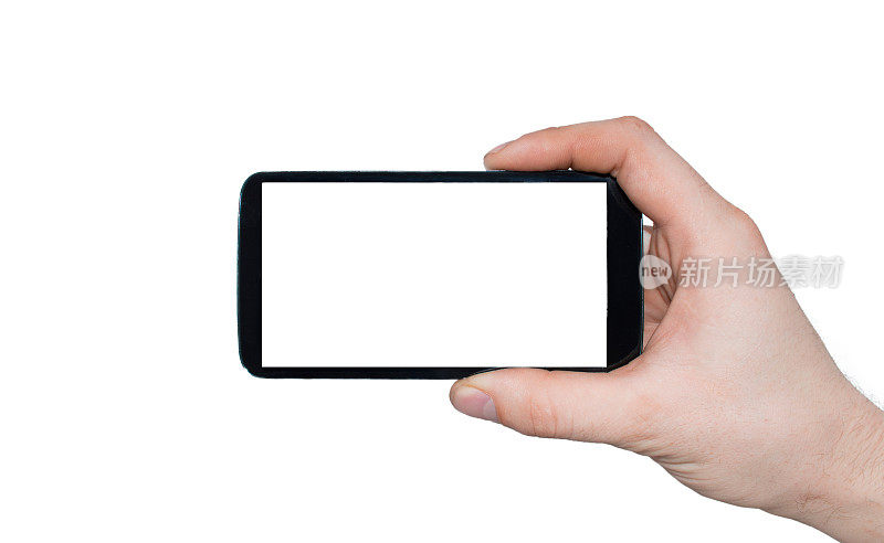 一名手持智能手机的男子在白色背景上拍摄孤立的照片。