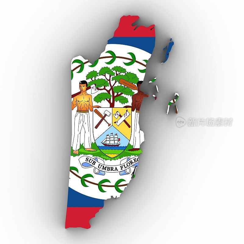 伯利兹地图轮廓与伯利兹国旗在白色与阴影3D插图