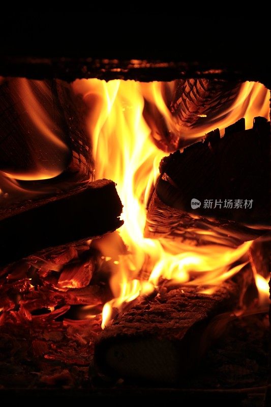 在壁炉中燃烧木材