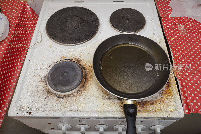 煎锅放在不整洁的厨房炉子上。高角度的观点。