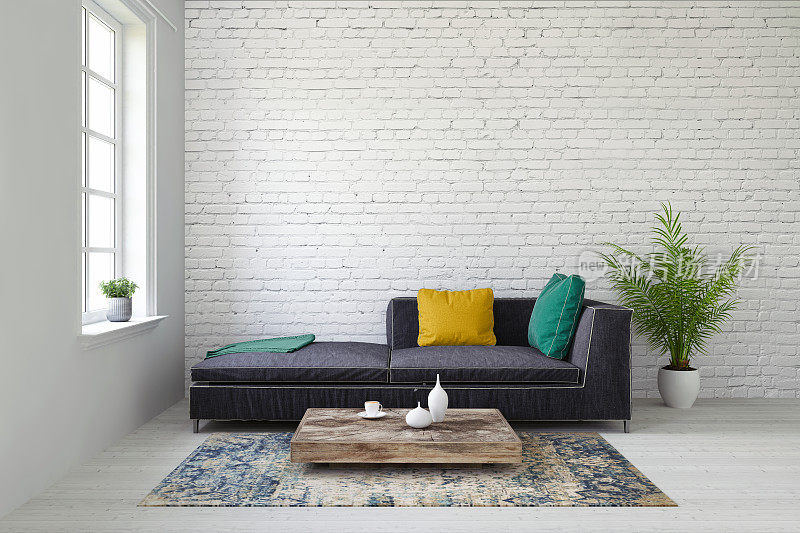彩色沙发与窗户空白墙模板