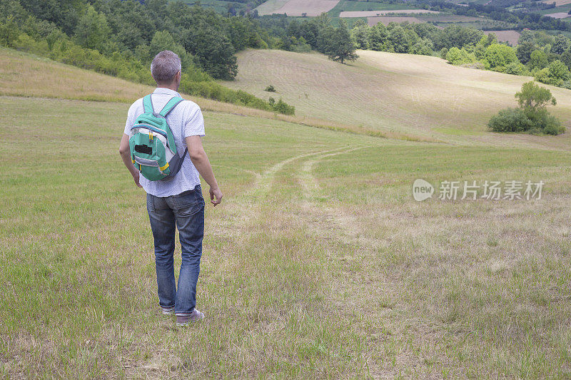 一个成年人在阳光明媚的夏日徒步穿越乡村的草地