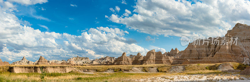 在美国南达科他州的Badlands国家公园被侵蚀岩层的全景