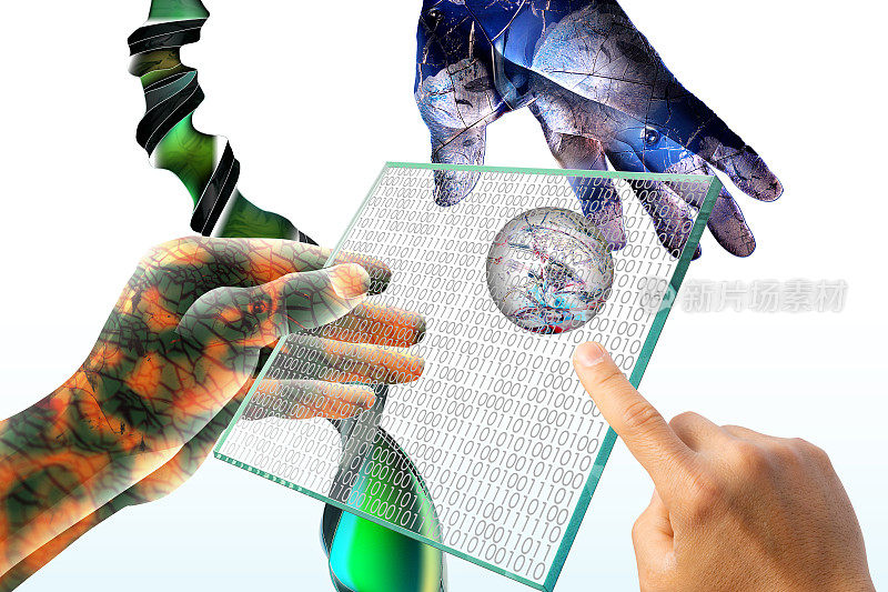 基因重组和纳米技术。一只半机械人的手拿着一块玻璃晶片。监视器显示一个二进制代码。人类的手指向二进制代码。背景是分子和细胞与DNA双螺旋和半机械人之手。