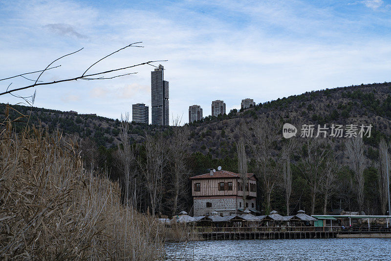 塔楼环绕着乡村和天然池塘区域