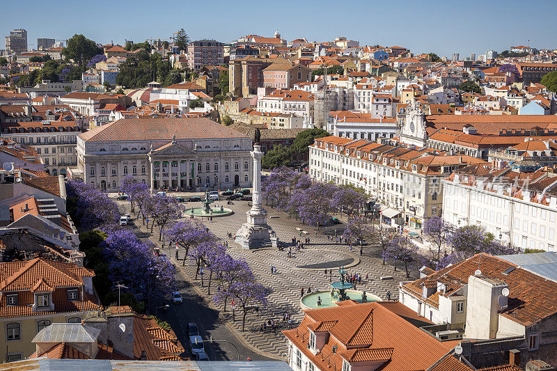 空中Rossio广场城市景观，里斯本，葡萄牙