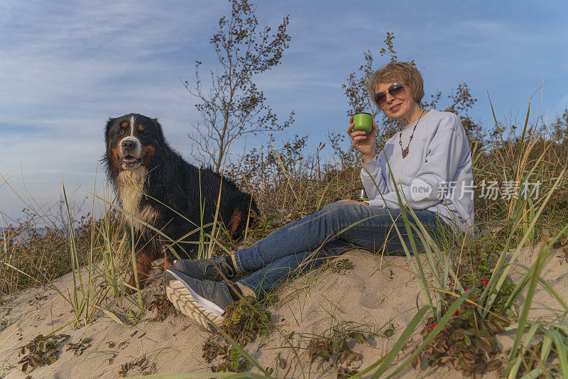 55岁的成熟活跃，有吸引力的女人和她的狗，泽嫩猎犬，坐在海边的一个沙丘上，在一个阳光明媚的秋日，喝着茶。
