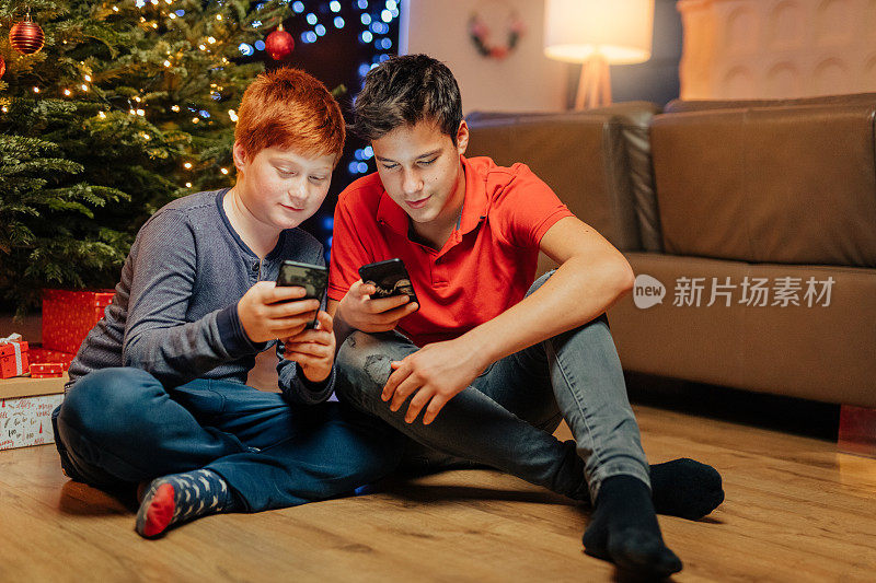 兄弟俩坐在圣诞树旁的地板上玩手机