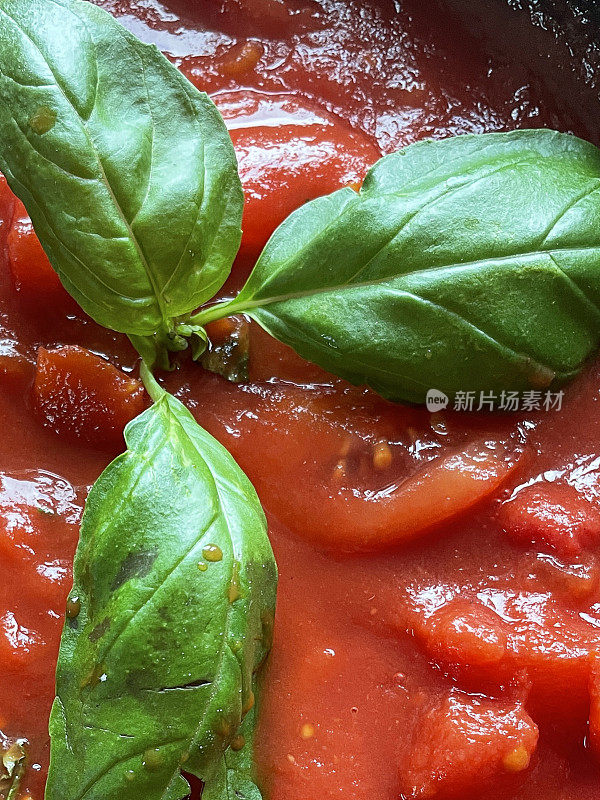 全帧图像番茄汁减少与绿色罗勒香草叶子，升高的观点