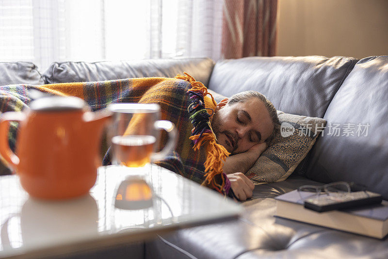 感觉不好。一个成熟的男人病了，他睡在沙发上，盖着暖和的格子呢。