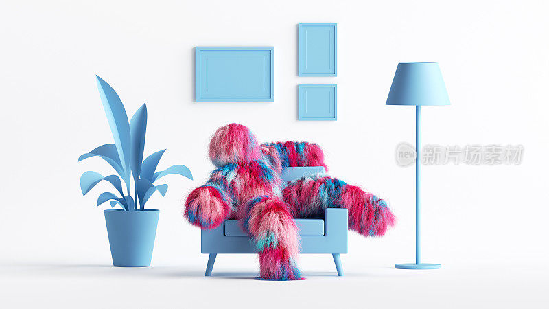 三维渲染，轻松的毛茸茸的卡通人物怪物坐在扶手椅内的客厅。玩具屋内部的多毛野兽