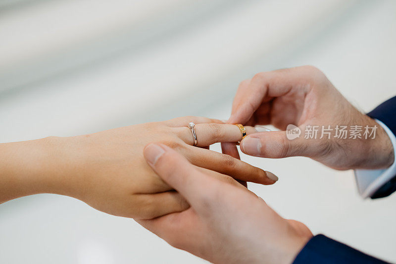 新郎把结婚戒指戴在新娘的手指上