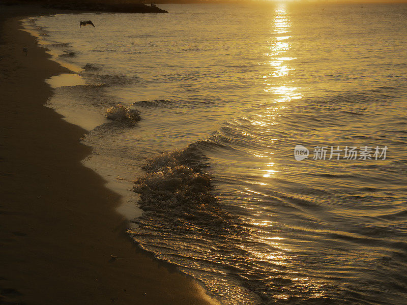 日落时，波浪在沙滩上荡起涟漪