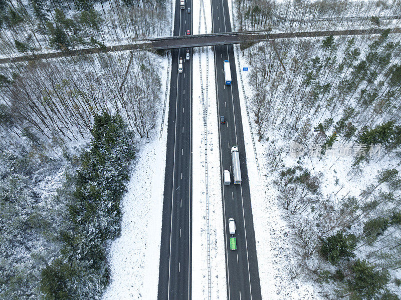 高速公路穿过一片雪域森林，从上方俯瞰