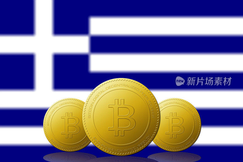 三个比特币加密货币与希腊国旗的背景3D插图