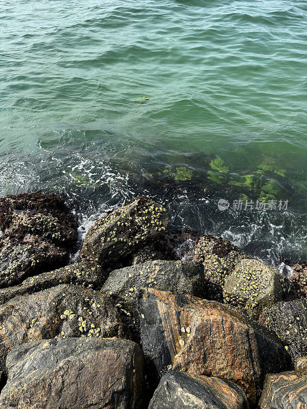 斯里兰卡海岸线上岩石自然海防的特写图像，海岸侵蚀抛石岩石装甲墙，海岸管理，岩石堆，海滩岩石装甲，海浪，科伦坡，斯里兰卡