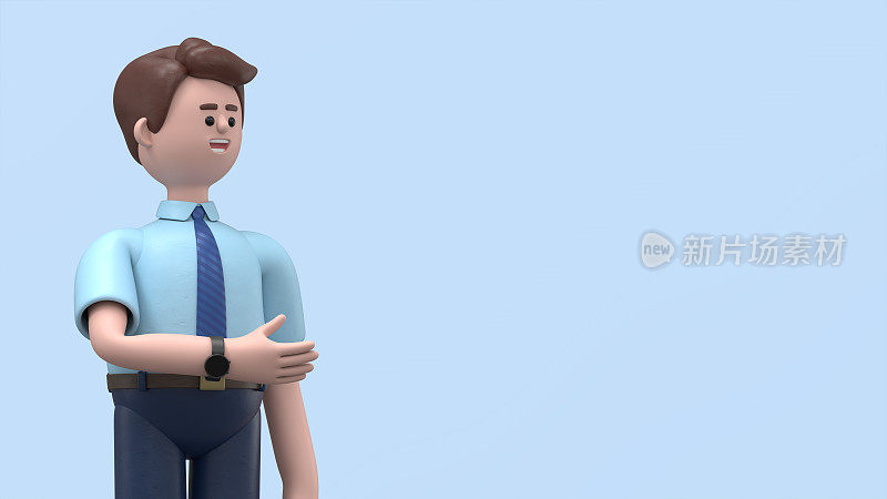 一个微笑的亚洲男人菲利克斯在方向显示手的3D插图。卡通人物肖像站在男人指着手指，蓝色背景上3D渲染。
