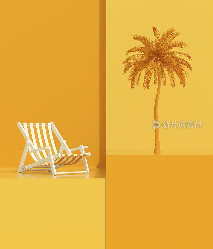 棕榈树和沙滩椅在讲台上最小的夏季旅游假期背景