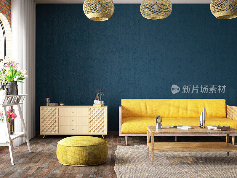 舒适的室内与木制家具，蓝色的墙和植物